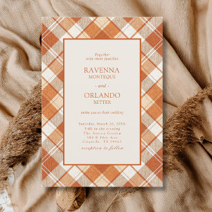Vintage Muted Orange Plaid Gingham Wedding Invitation