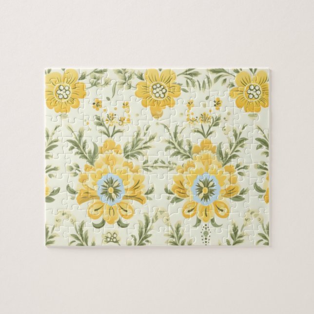Vintage muted yellow flower plant pattern jigsaw puzzle (Horizontal)