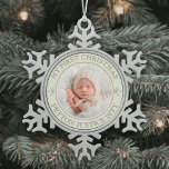 Vintage My First Christmas Baby Photo Antique Look Snowflake Pewter Christmas Ornament<br><div class="desc">Celebrate a simple joys of the holiday season with a custom photo round metal snowflake Christmas ornament. Gender neutral design is suitable for either a new baby boy or girl. Wording and picture on this template are simple to personalise. "My First Christmas" quote is easy to change in case the...</div>
