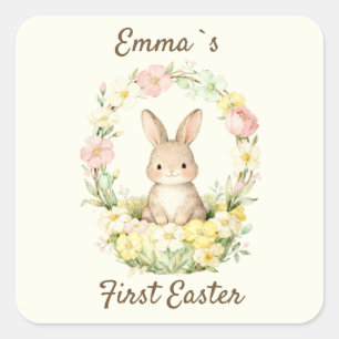Vintage My First Easter Bunny Floral Wreath Square Sticker