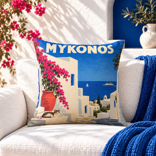 Vintage Mykonos Greece Travel Poster Throw Pillow