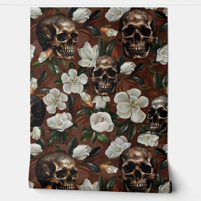 Vintage Mystic Skull And Camellia Garden Wallpaper (Unrolling)