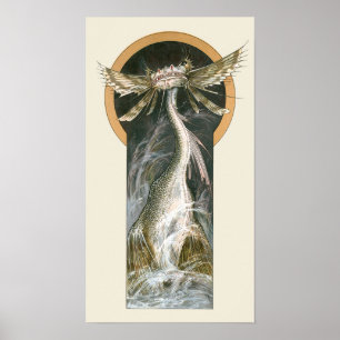 Vintage Mythology, a Winged Dragon in the Ocean Poster