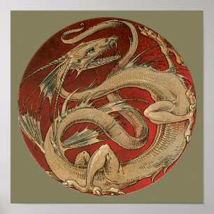 Vintage Mythology, Antique Golden Asian Dragon Poster