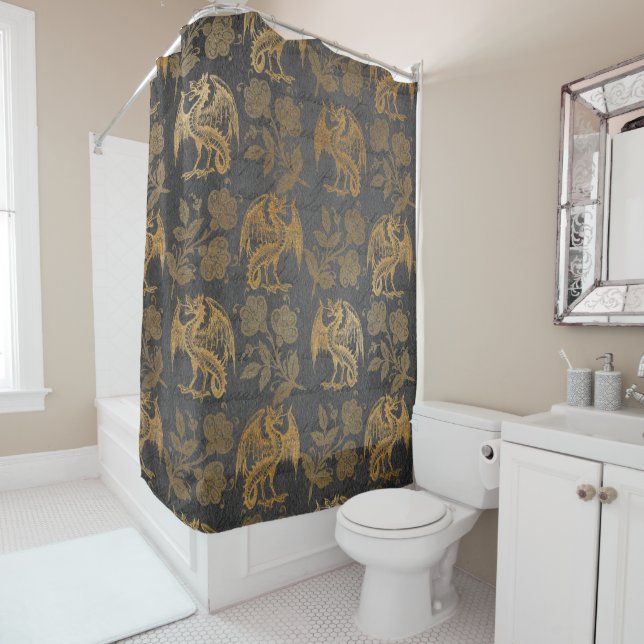 Vintage Mythology Fantasy Dragon Wallpaper Shower Curtain (In Situ)