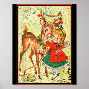 Vintage N Up Little Girl Reindeer Retro 1950s Chri Poster