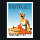 Vintage Nantucket on The Beach Poster<br><div class="desc">A retro poster that never was until now. A creative redo of an old poster that should have been. Nantucket Beach in retro style from the art deco era. Bright colours with a woman on the beach under a blue sky.</div>