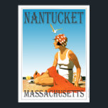 Vintage Nantucket on The Beach Poster<br><div class="desc">A retro poster that never was until now. A creative redo of an old poster that should have been. Nantucket Beach in retro style from the art deco era. Bright colours with a woman on the beach under a blue sky.</div>