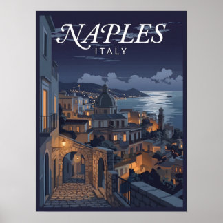 Vintage Naples Italy Night Travel Poster