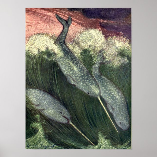 Vintage Narwhals, Marine Life Whales Ocean Animals Poster (Front)