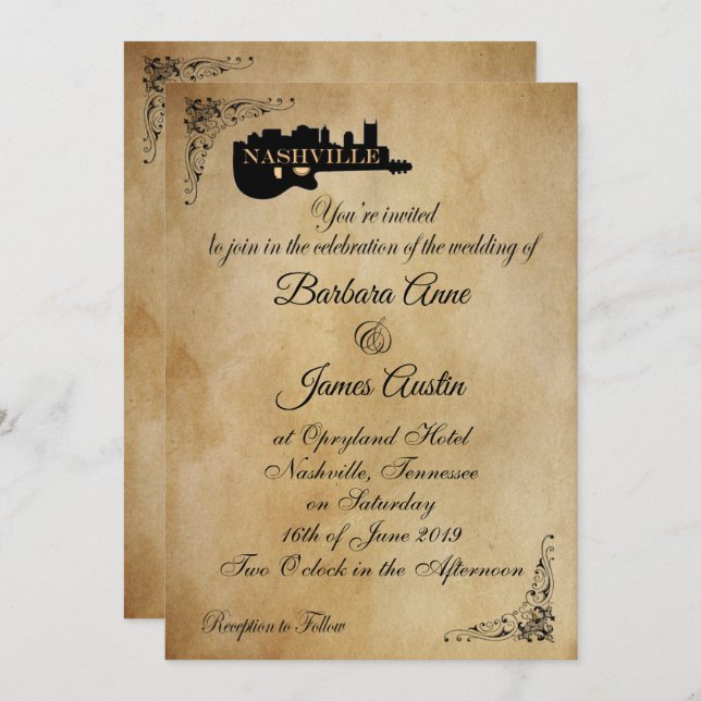 Vintage Nashville Guitar Wedding Invitation (Front/Back)
