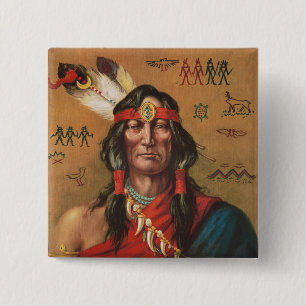 Vintage Native American Chief Portrait Art 15 Cm Square Badge