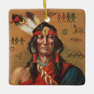 Vintage Native American Chief Portrait Art Ceramic Ornament