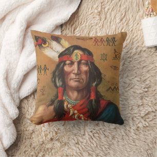 Vintage Native American Chief Portrait Art Cushion