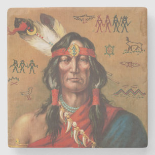 Vintage Native American Chief Portrait Art Stone Coaster