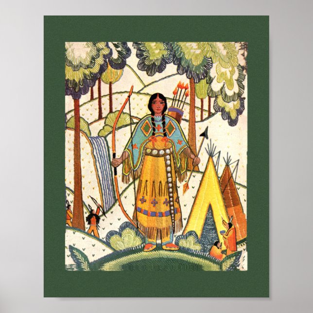 Vintage Native American Woman Village Forest Poster (Front)