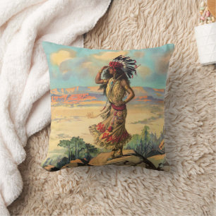 Vintage Native American Woman With Headdress Art Cushion