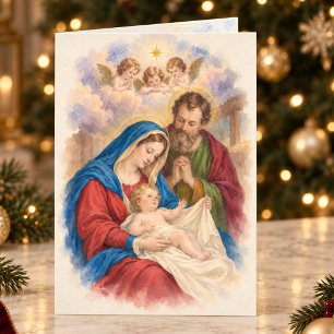 Vintage Nativity & Angels Catholic Christmas Card