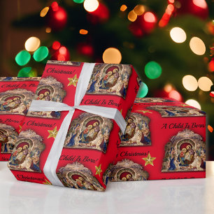 Vintage Nativity Merry Christmas A Child Is Born Wrapping Paper