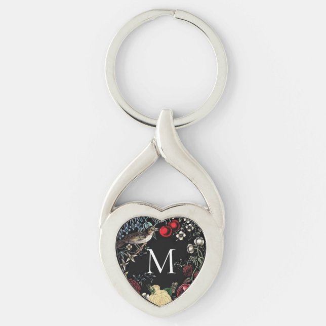 Vintage Nature Birds and Berries Monogram Key Ring (Front)