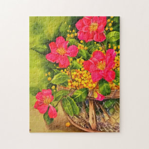 Vintage Nature Blooming Flowers Basket Watercolor Jigsaw Puzzle