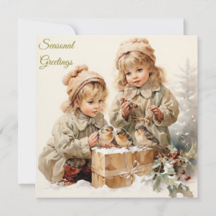 Vintage Nature Christmas Children with Birds  Holiday Card