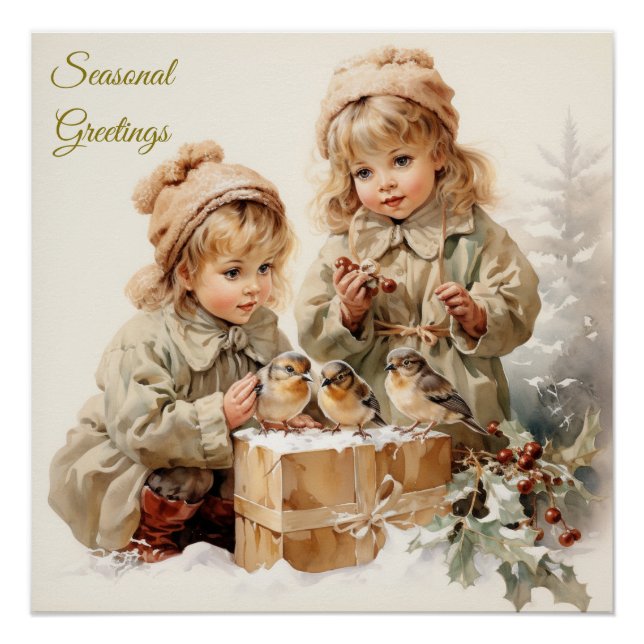 Vintage Nature Christmas Children with Birds  Poster (Front)