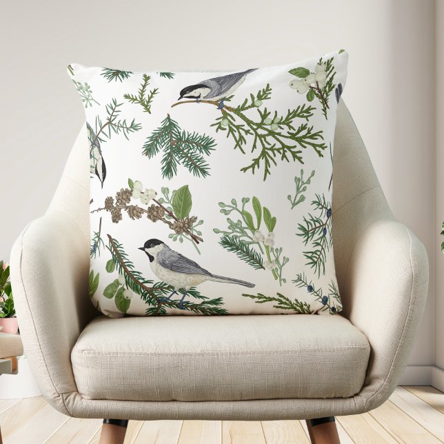Vintage nature pattern with birds & winter plants  cushion (Creator Uploaded)
