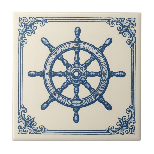 vintage Nautical Blue Captains Wheel Ceramic Tile (Front)