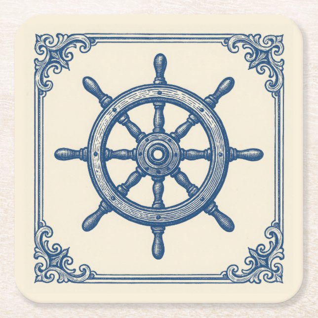 Vintage Nautical Blue Captains Wheel Square Paper Coaster (Front)