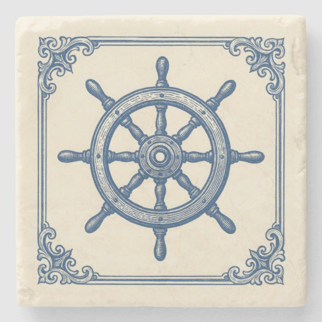 Vintage Nautical Blue Captains Wheel Stone Coaster (Front)