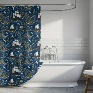 Vintage Nautical Blue Sailing Ships Shower Curtain