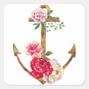Vintage Nautical Boat Anchor Red & Pink Peony Square Sticker