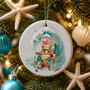 Vintage Nautical Coastal Christmas Beach Santa Ceramic Ornament