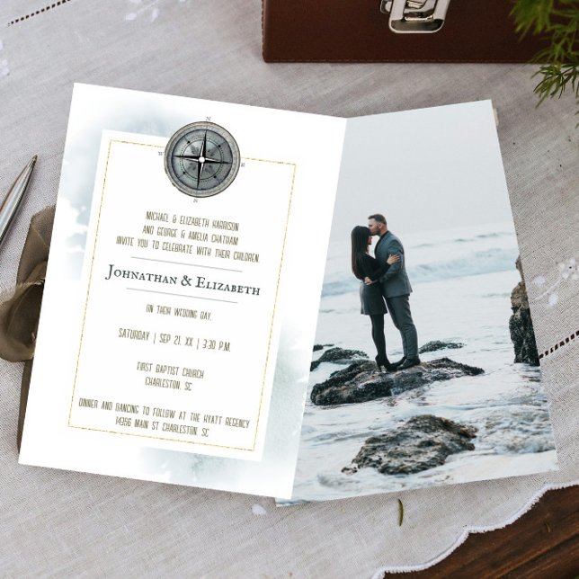Vintage Nautical Compass Photo Wedding Invitation (Vintage Nautical Compass Photo Wedding Invitation)