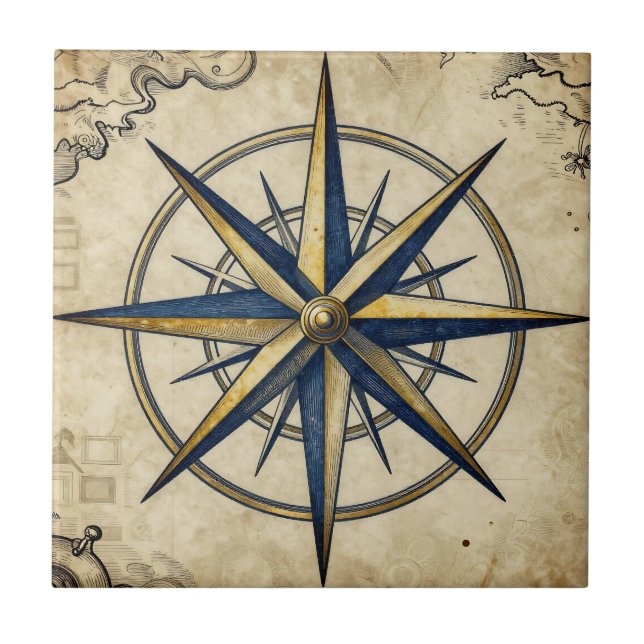 Vintage Nautical Compass Rose Ceramic Tile (Front)
