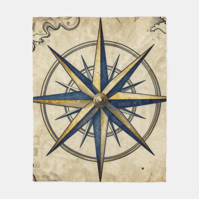 Vintage Nautical Compass Rose Fleece Blanket (Front)