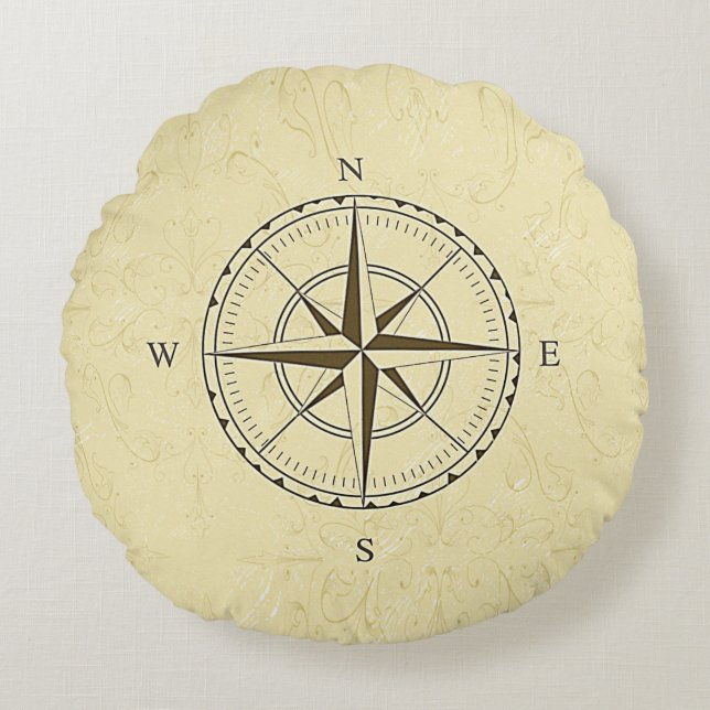 Vintage Nautical Compass Rose Ivory Round Cushion (Front)