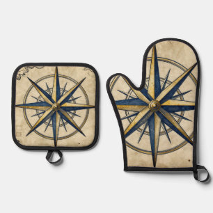 Vintage Nautical Compass Rose Oven Mitt & Pot Holder Set