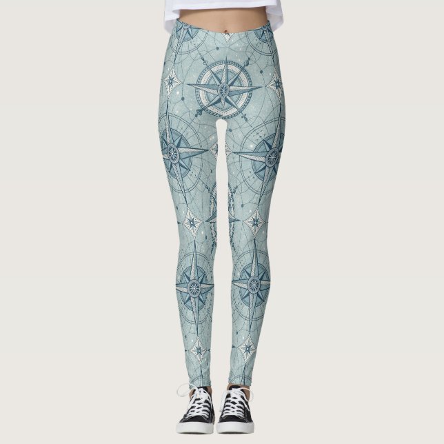 Vintage Nautical Compass Rose Pattern Leggings (Front)