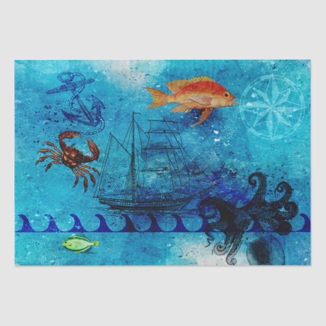 Vintage Nautical Deep Blue Sea Tissue Paper (Front)