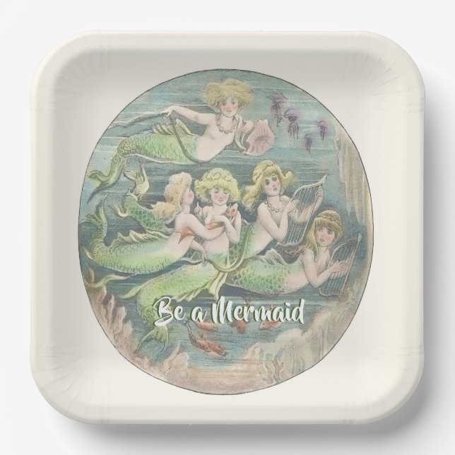 Vintage Nautical Fantasy Mermaids, square  Paper Plate (Front)