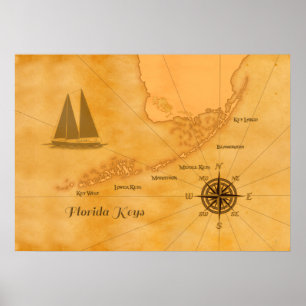 Vintage Nautical Florida Keys Map Poster