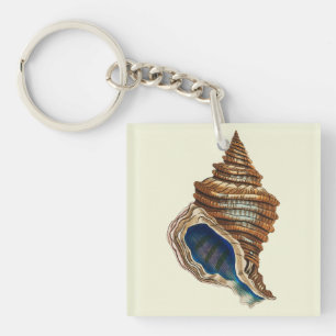 Vintage Nautical George Shaw Blue Conch Shell Art Key Ring