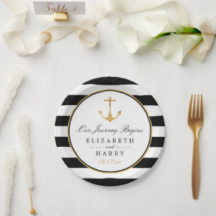 Vintage Nautical Gold Anchor, Black & Gold Wedding Paper Plate