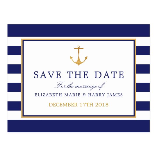Vintage Nautical Gold Anchor Wedding Save The Date Postcard