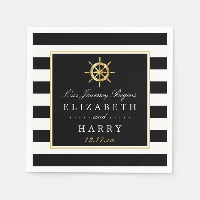 Vintage Nautical Gold Wheel, Black & Gold Wedding Napkin (Front)