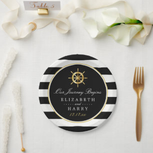 Vintage Nautical Gold Wheel, Black & Gold Wedding Paper Plate