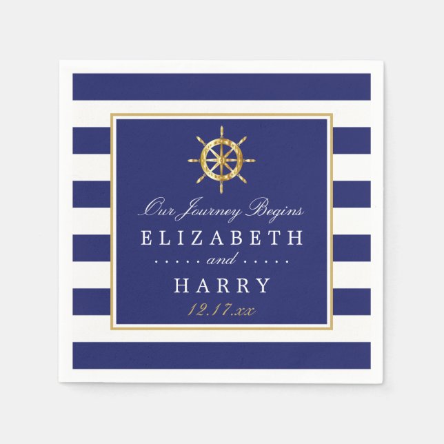 Vintage Nautical Gold Wheel, Navy & Gold Wedding Napkin (Front)