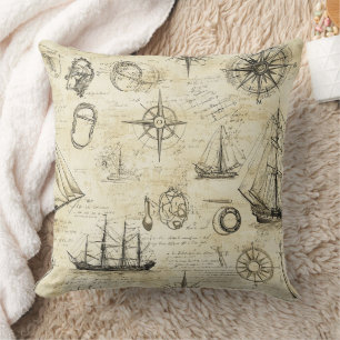 Vintage Nautical Map Pattern with Ships & Compass Cushion